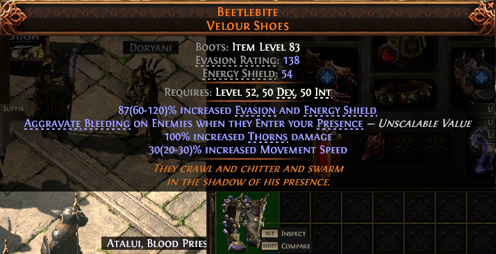 MMOJUGG Path of Exile 2 BEETLEBITE VELOUR SHOES#935944 Details View of Item Function and Use